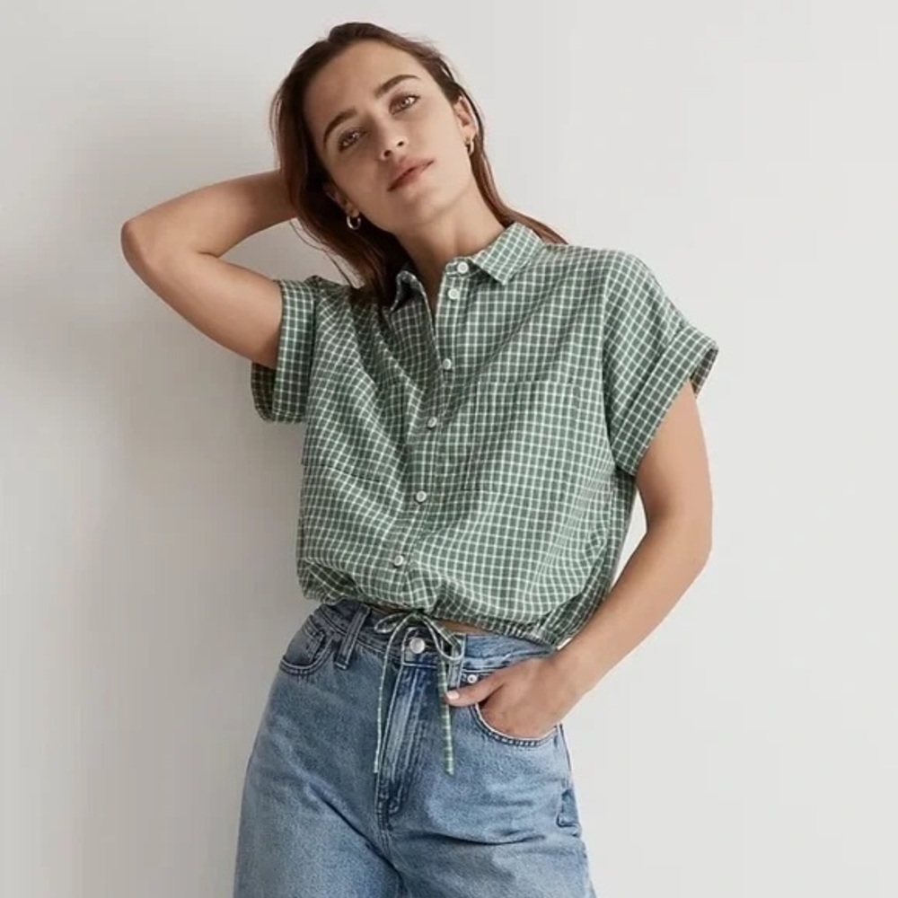 Madewell Green Button-up Drawstring Checkered Women's Top